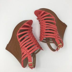 Cut Out Strappy Pink Faux Leather Wedge Sandals